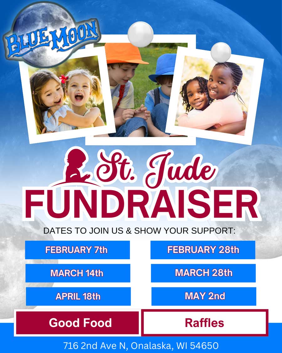 St. Jude fundraiser flyer with kids’ photos, food, raffles, and dates at Blue Moon Restaurant.
